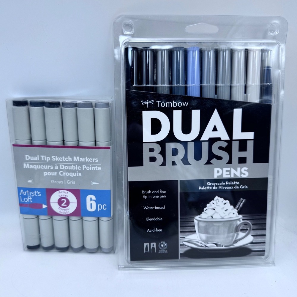 Tombow Dual Brush Pens Grayscale‎ 10pc & Artist's Loft Sketch Markers Bundle New